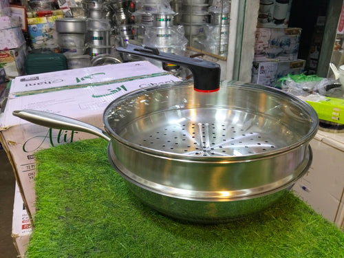 2-in-1 Stainless Steel Nonstick Fry Pan with Steamer Basket & Glass Lid