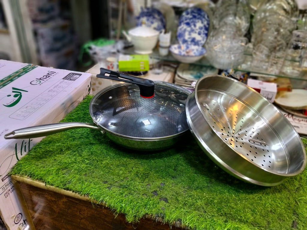 2-in-1 Stainless Steel Nonstick Fry Pan with Steamer Basket & Glass Lid