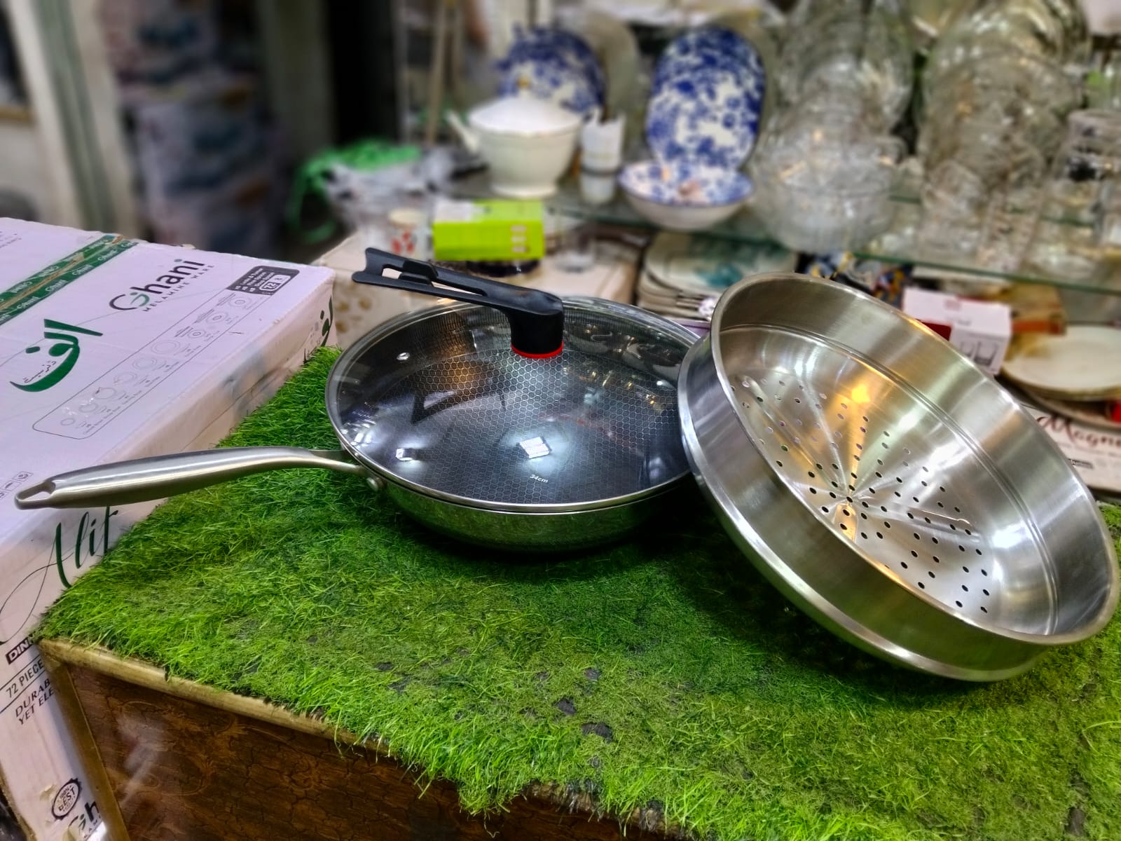 2-in-1 Stainless Steel Nonstick Fry Pan with Steamer Basket & Glass Lid