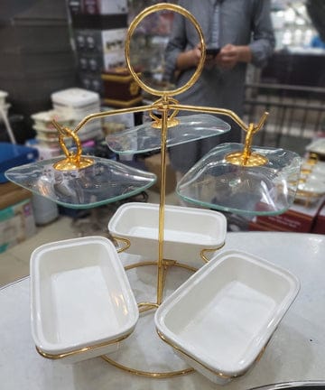 "Elegant Dual-Tier Snack Server with Glass and Ceramic Dishes"